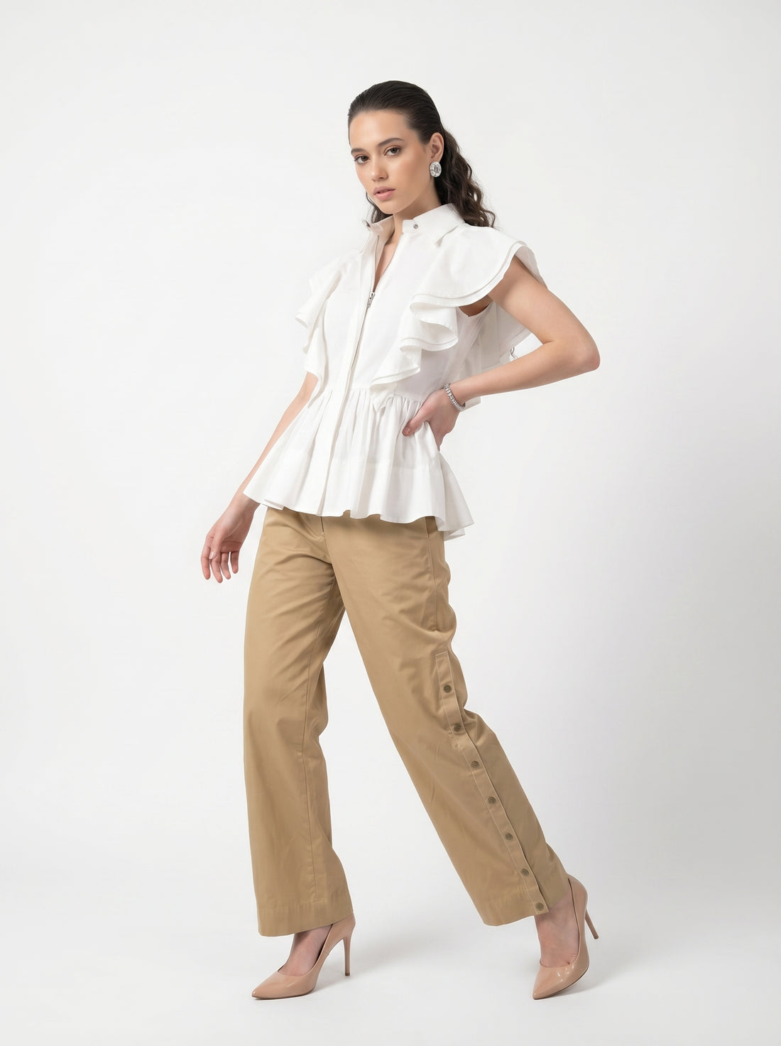 Drama Frill Coord - White-Beige-gold