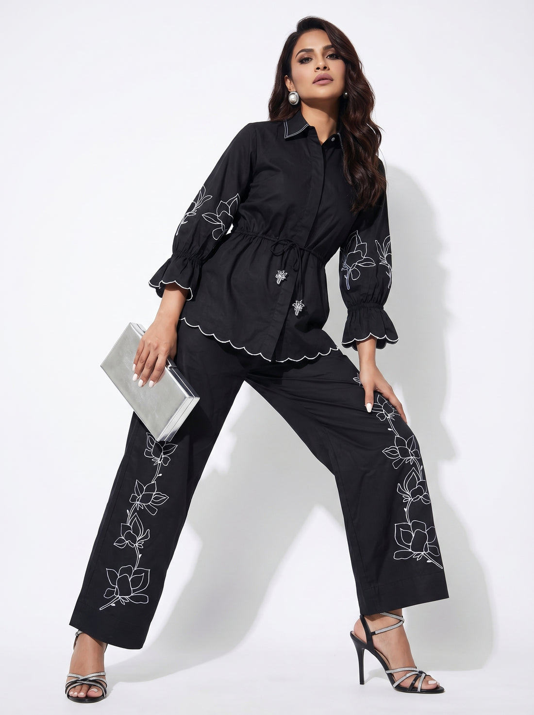 Flower Embroidered Coord Black