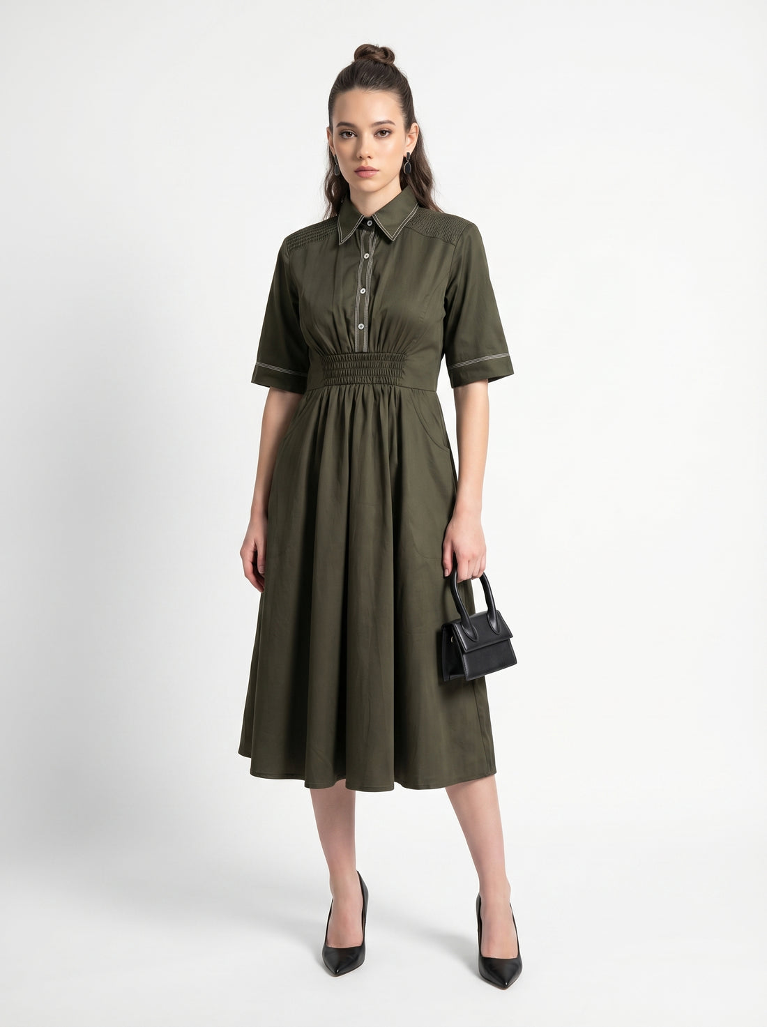 Ruching Dress - Olive Green