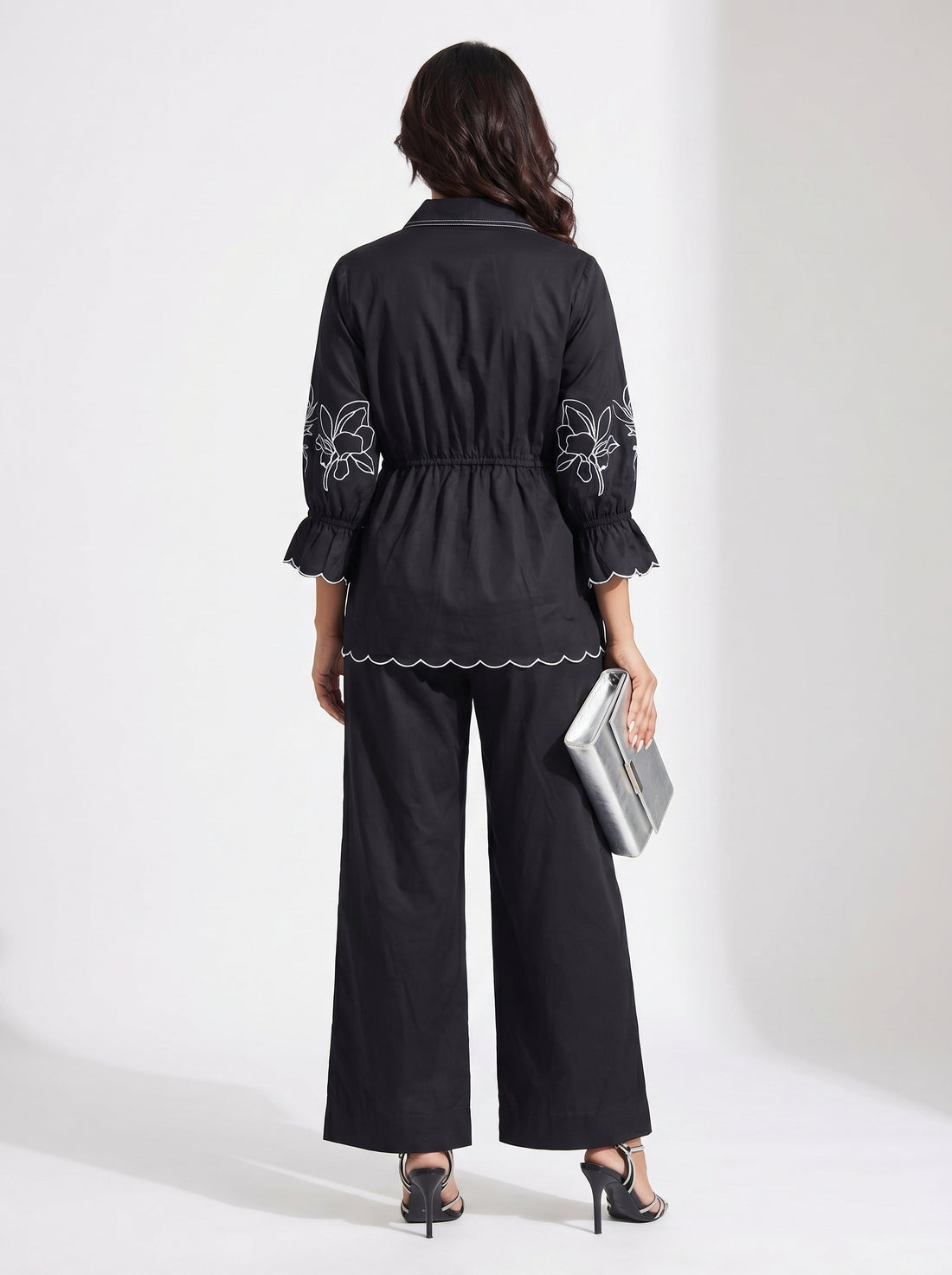 Flower Embroidered Coord Black
