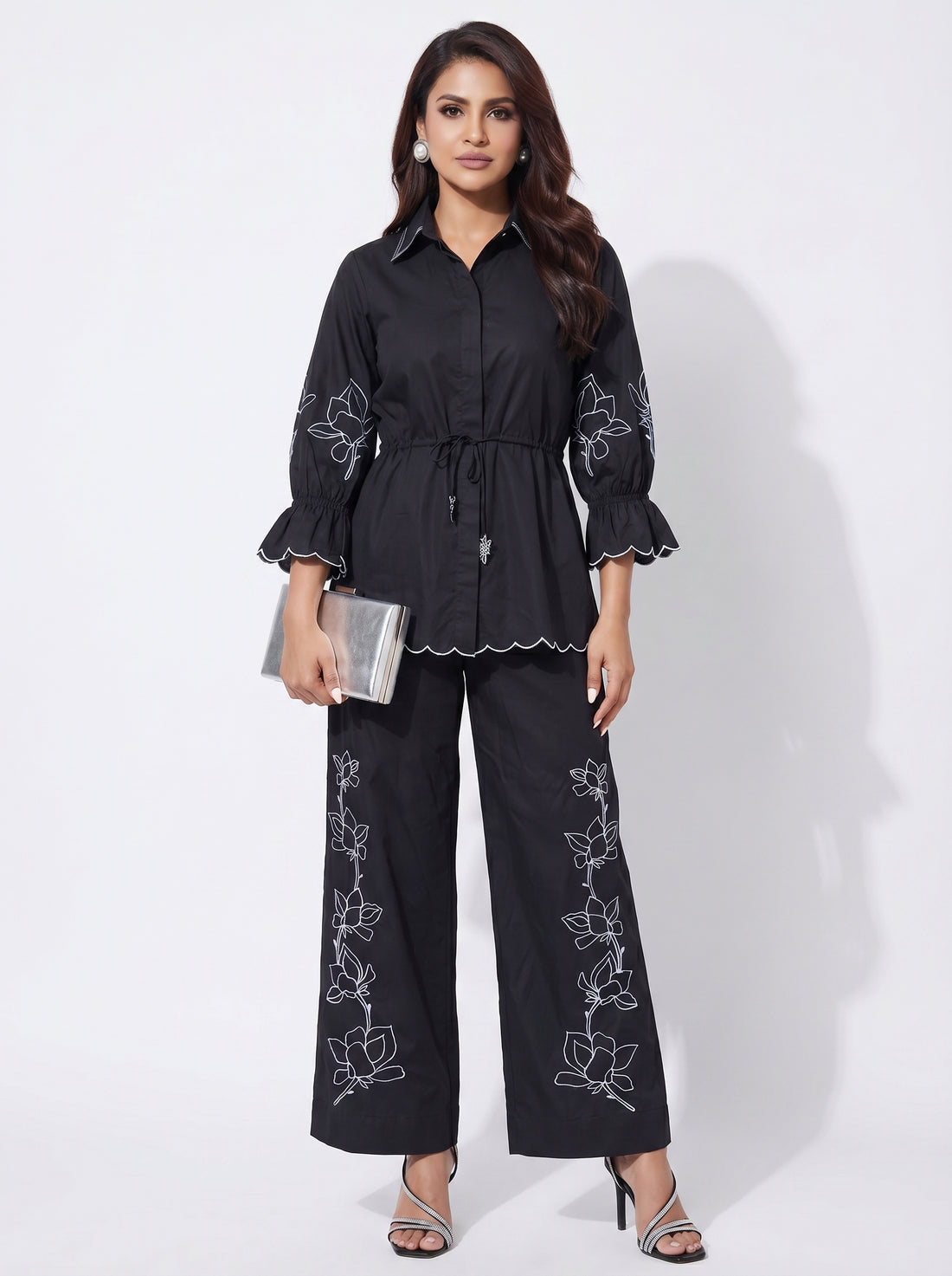 Flower Embroidered Coord Black